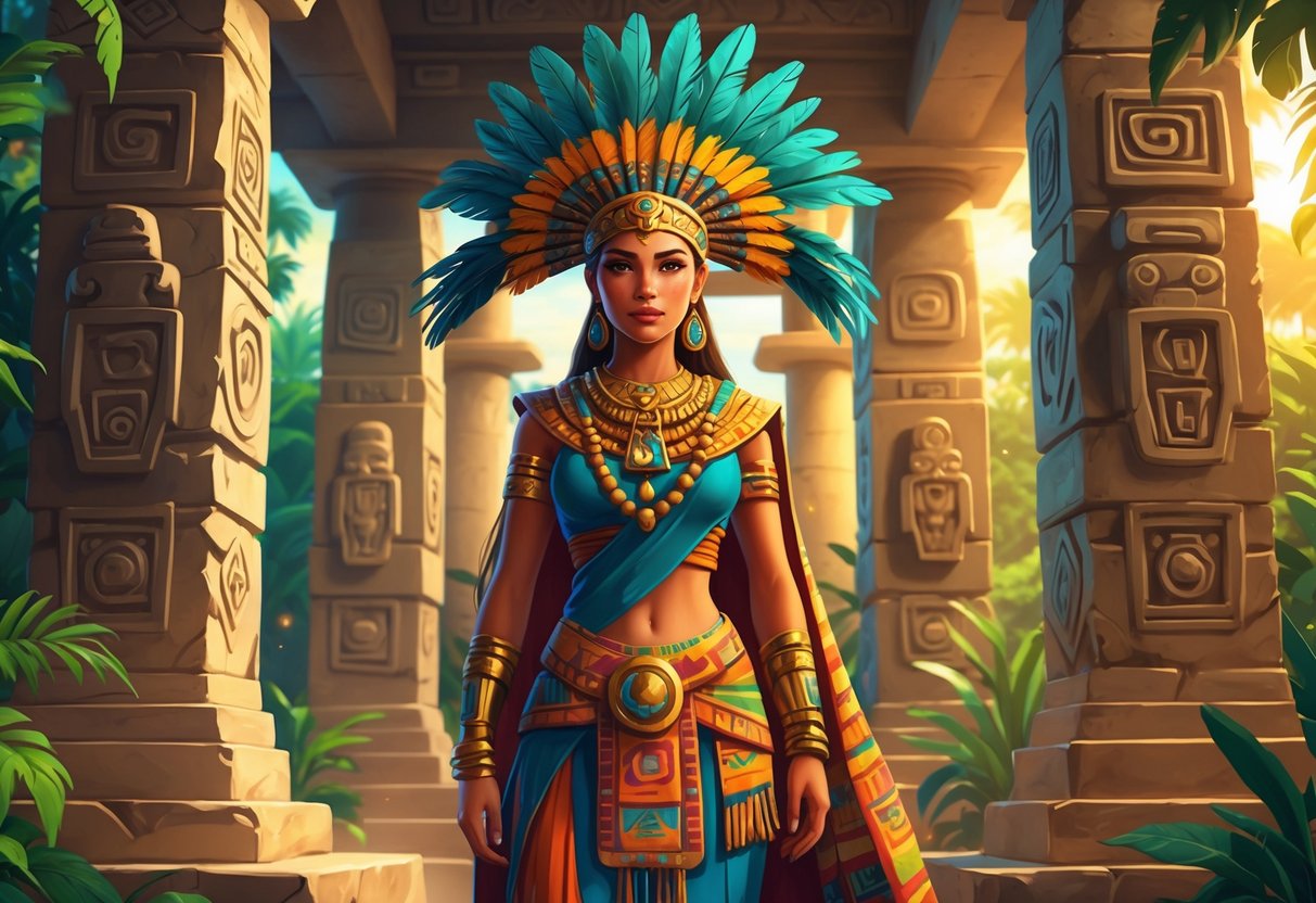 Seorang pendeta wanita Aztec berdiri di dalam kuil kuno dengan hiasan batu dan tanaman hijau di sekitarnya.