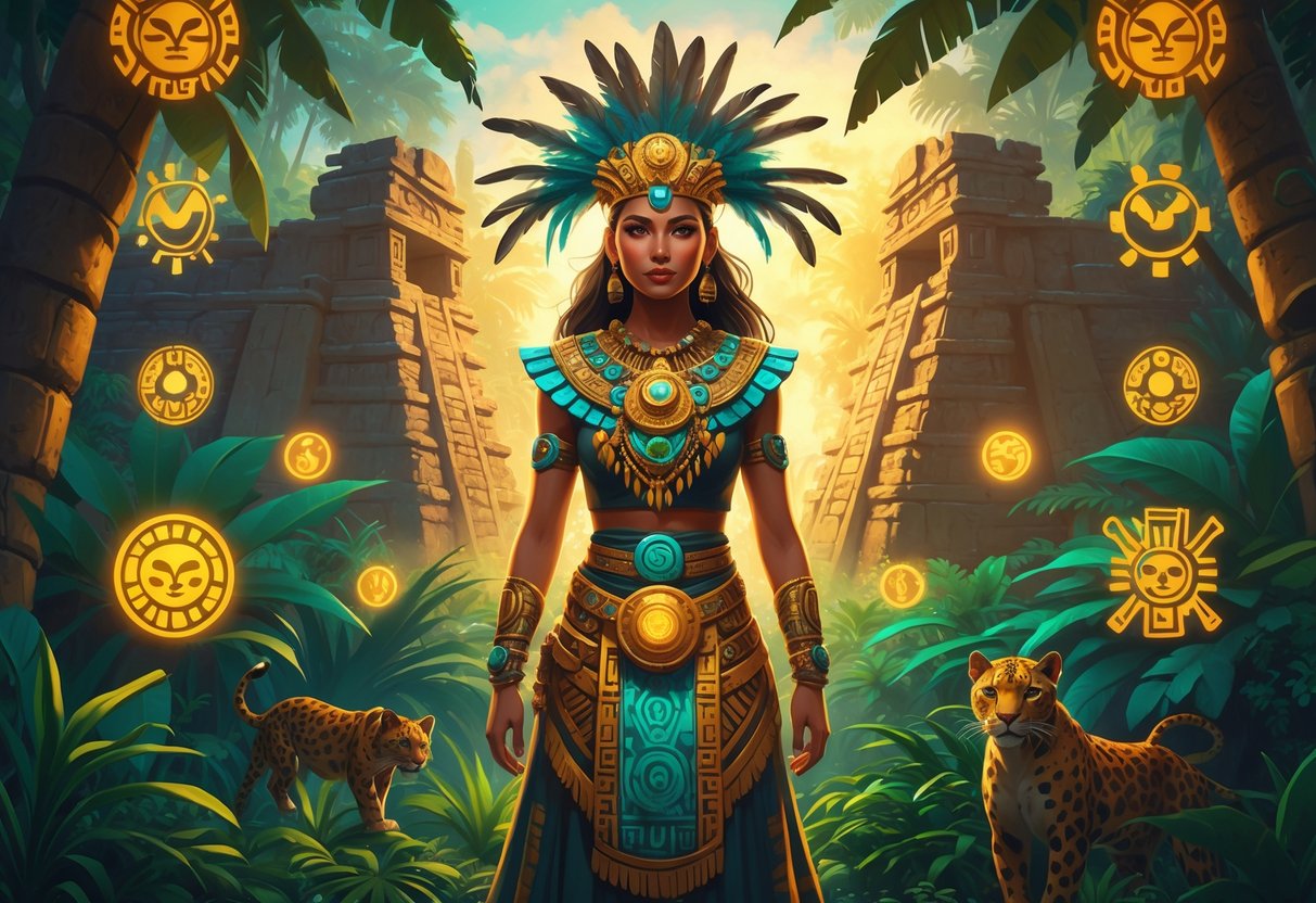 Seorang pendeta wanita Aztec berdiri di hutan dengan reruntuhan kuil kuno di belakangnya, mengenakan pakaian tradisional dan perhiasan khas Aztec, dikelilingi oleh simbol-simbol budaya Aztec.