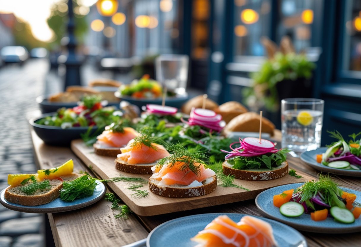 A table outdoors with traditional Danish open-faced sandwiches, fresh salads, rye bread, and a glass of aquavit, set in a cozy street café scene.