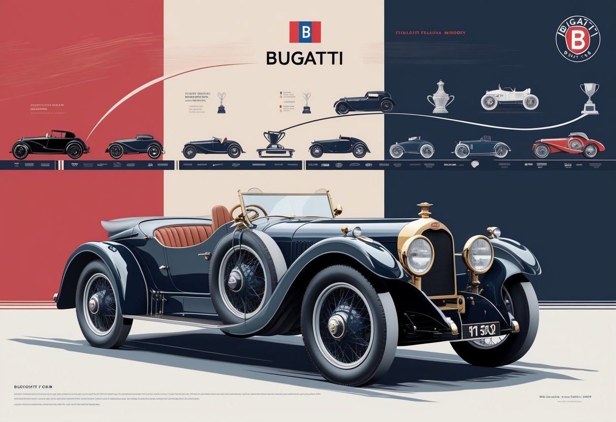 Ilustrasi mobil Bugatti klasik dengan latar belakang garis waktu sejarah dan simbol yang menggambarkan asal usul dan perkembangan merek mobil mewah Bugatti.