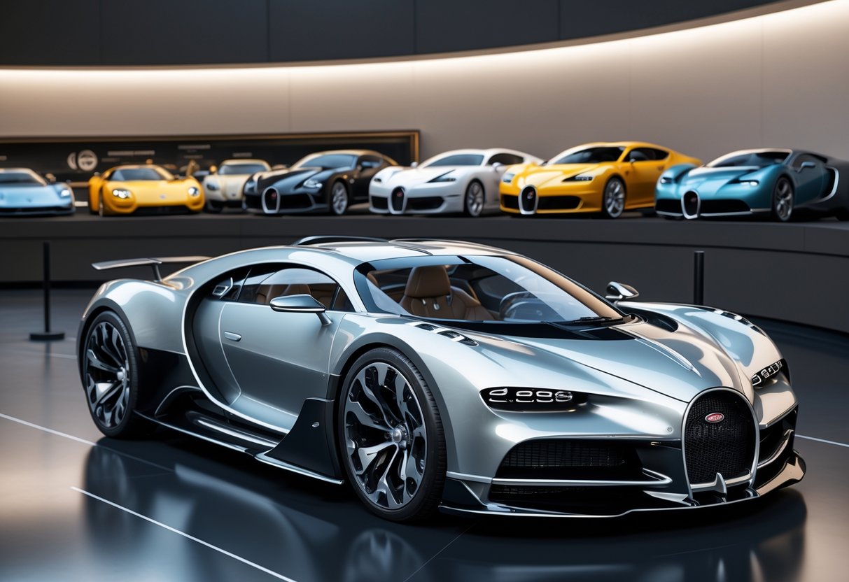 Ilustrasi mobil Bugatti modern di depan dengan mobil Bugatti klasik di latar belakang yang menunjukkan evolusi desain mobil mewah.