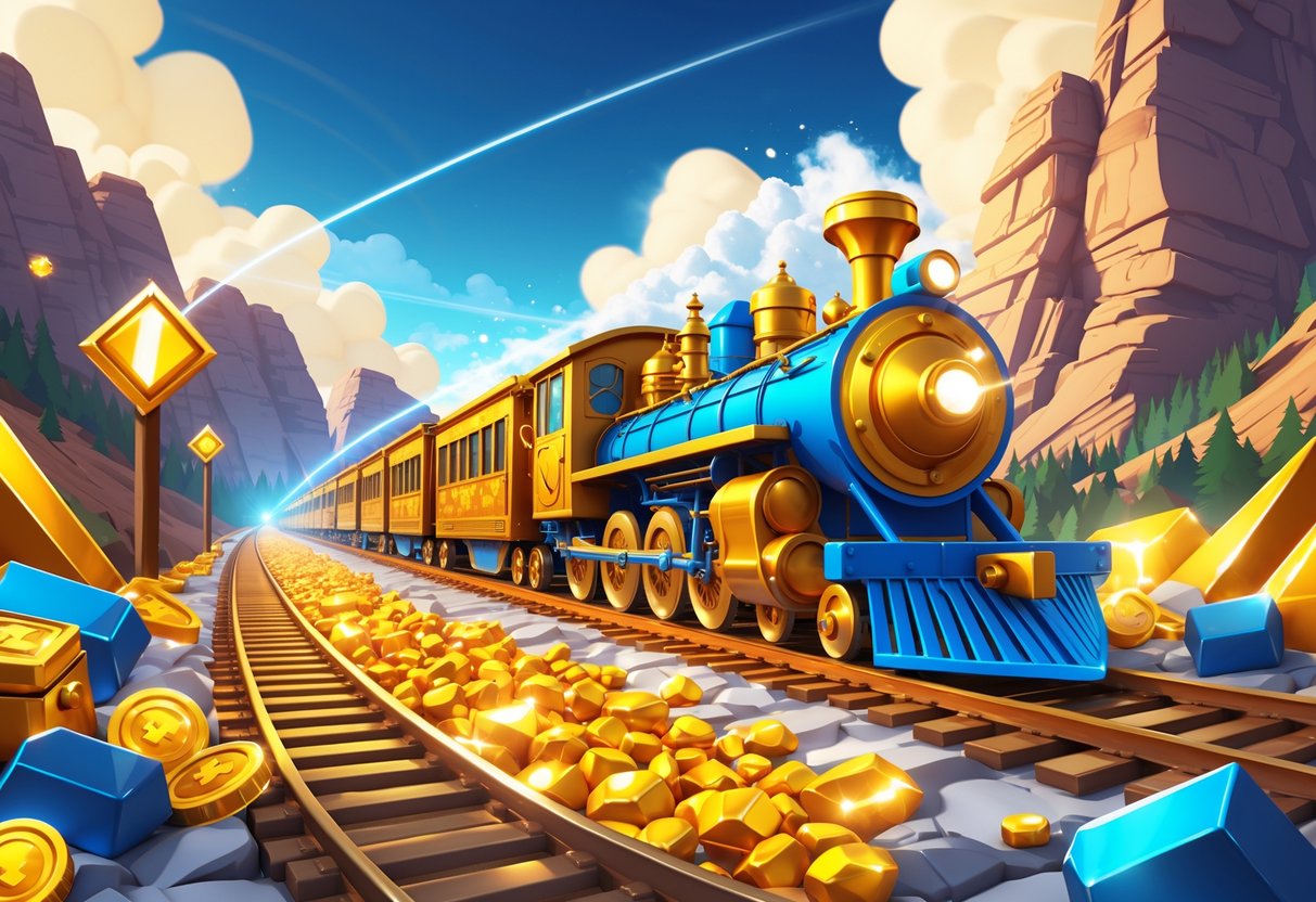 Gambaran kereta api yang melaju di rel emas dengan latar pegunungan dan elemen harta karun di sekitarnya.