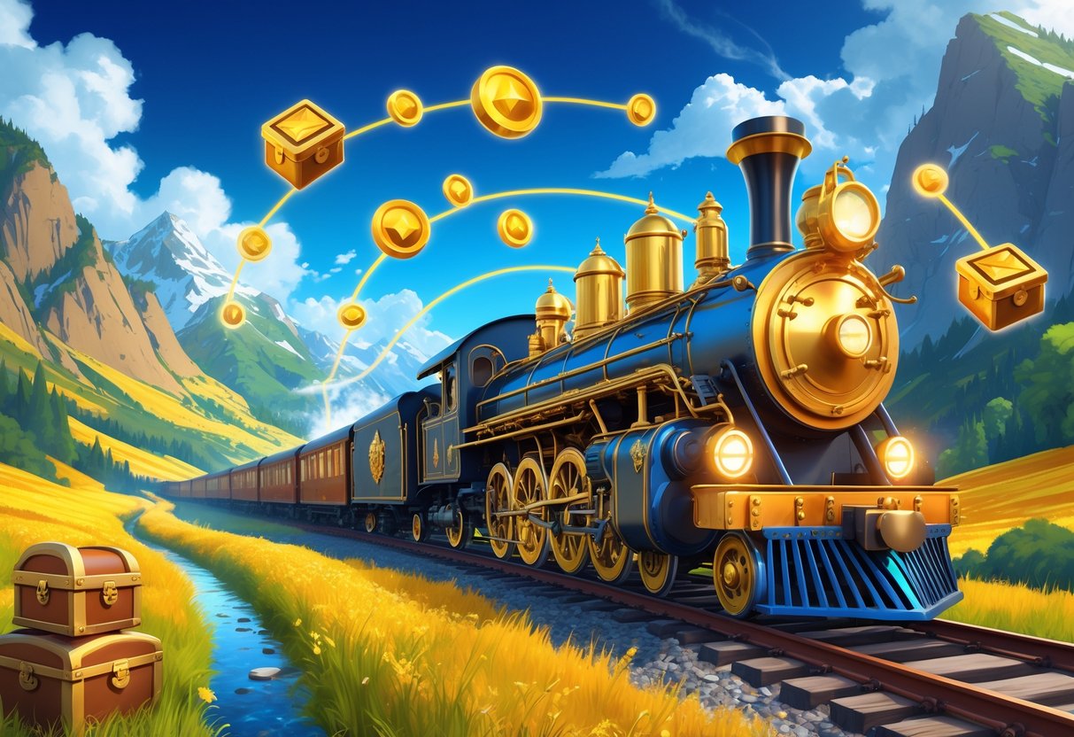 Ilustrasi kereta api uap megah dengan aksen emas dikelilingi oleh simbol harta karun, koin emas, permata, dan panah yang menunjukkan alur permainan, berlatar pemandangan pegunungan dan ladang emas.