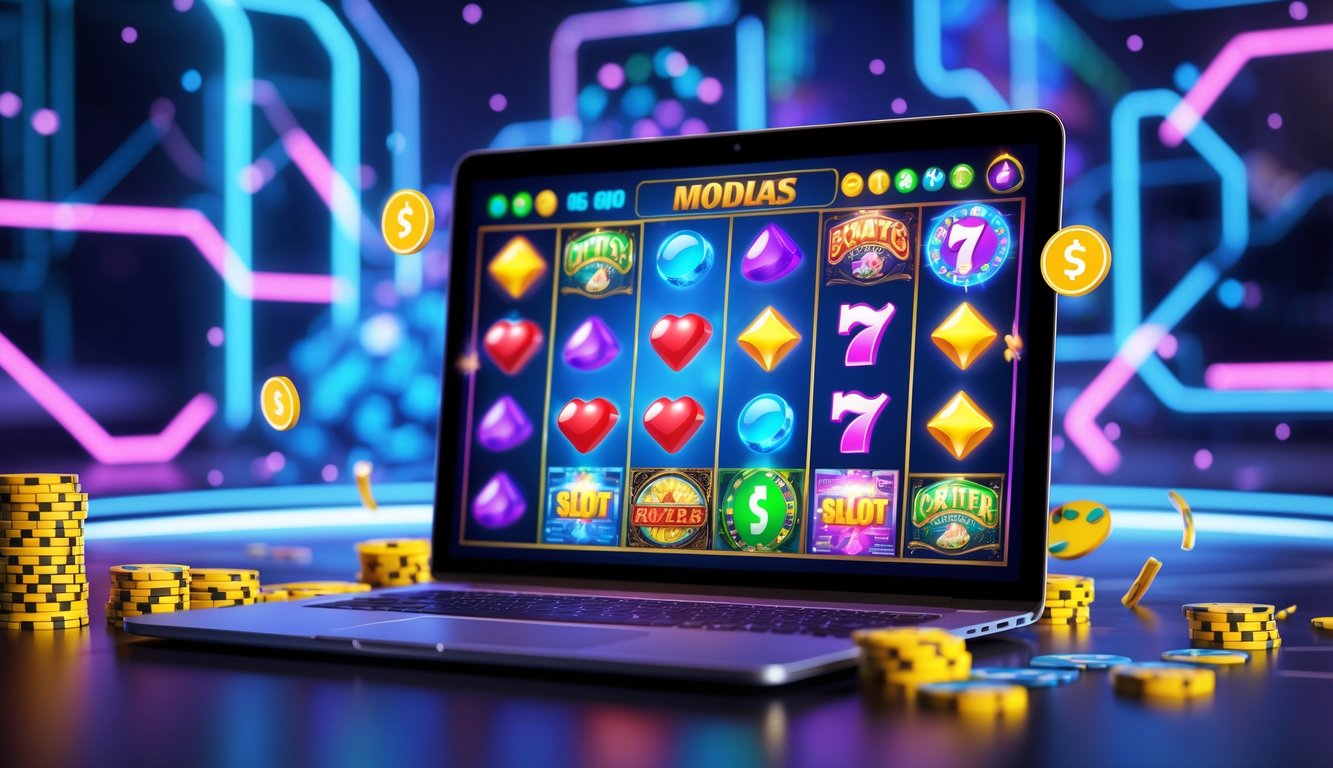 Tampilan komputer dengan permainan slot online berwarna-warni dan elemen permainan digital di sekitarnya.