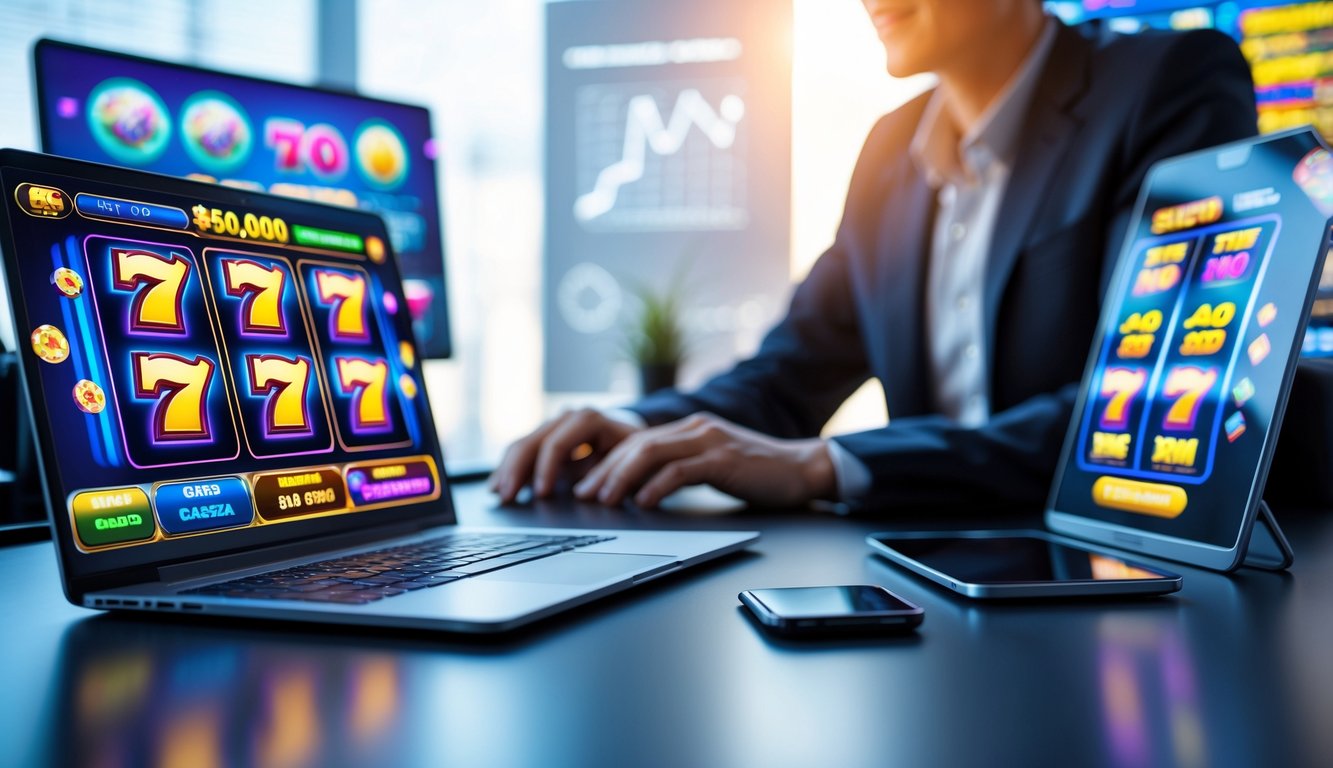 Seseorang duduk di depan meja dengan laptop dan ponsel yang menampilkan permainan slot online berwarna-warni, dengan latar belakang grafik dan suasana fokus.