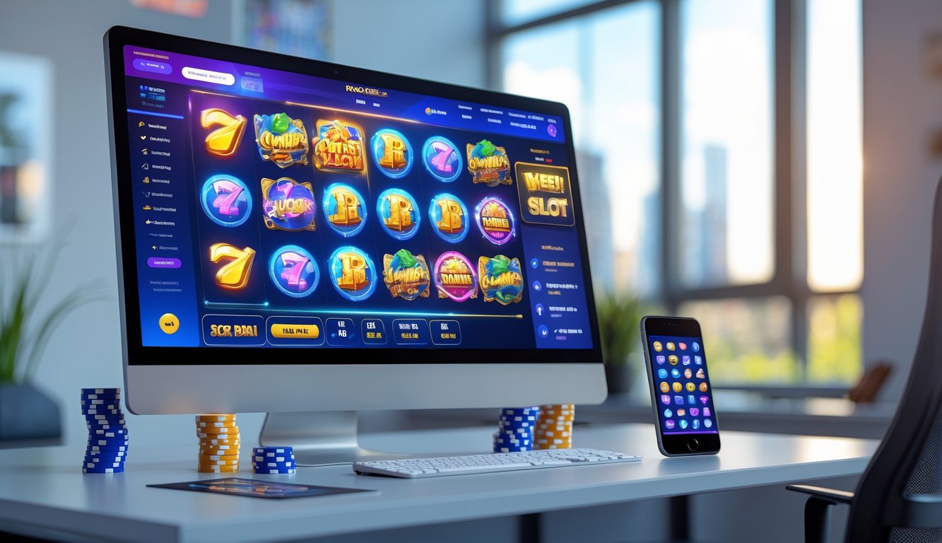 Tampilan platform permainan slot online terbaru di komputer dan ponsel di atas meja dengan latar kantor modern.