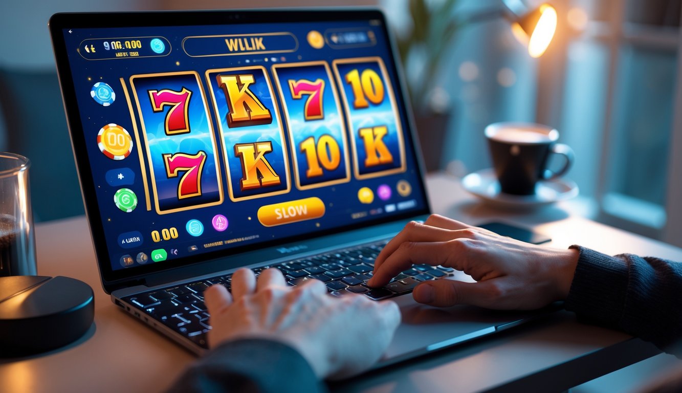 Seorang pemain sedang bermain permainan slot online di komputer dengan suasana fokus dan penuh semangat di ruang kerja yang rapi.