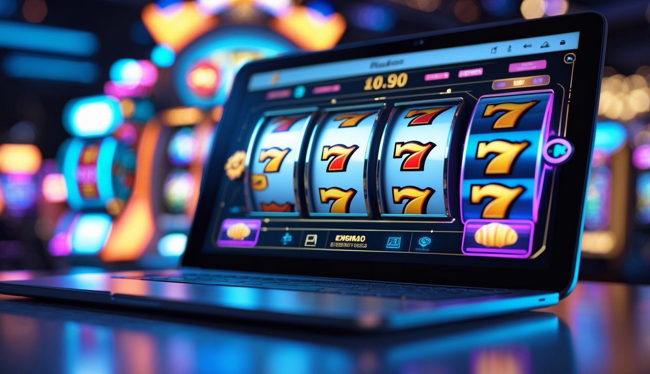 Seseorang sedang bermain permainan slot online dengan layar perangkat yang menampilkan gulungan mesin slot berwarna-warni dan latar belakang kasino virtual yang hidup.