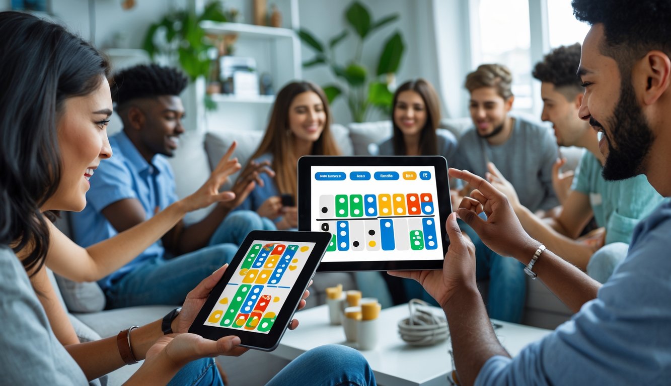 Sekelompok orang muda bermain permainan domino secara online menggunakan tablet dan ponsel di ruang tamu modern.