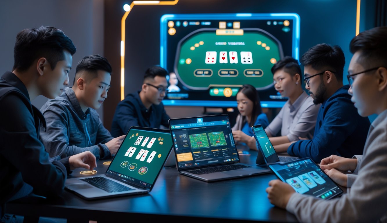 Beberapa orang sedang bermain judi ceme secara online menggunakan laptop dan tablet dalam ruangan modern dengan pencahayaan terang dan suasana fokus.