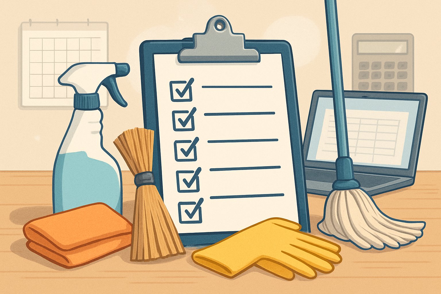 A workspace with a clipboard checklist, cleaning tools, and office items representing a cleaning service quote.
