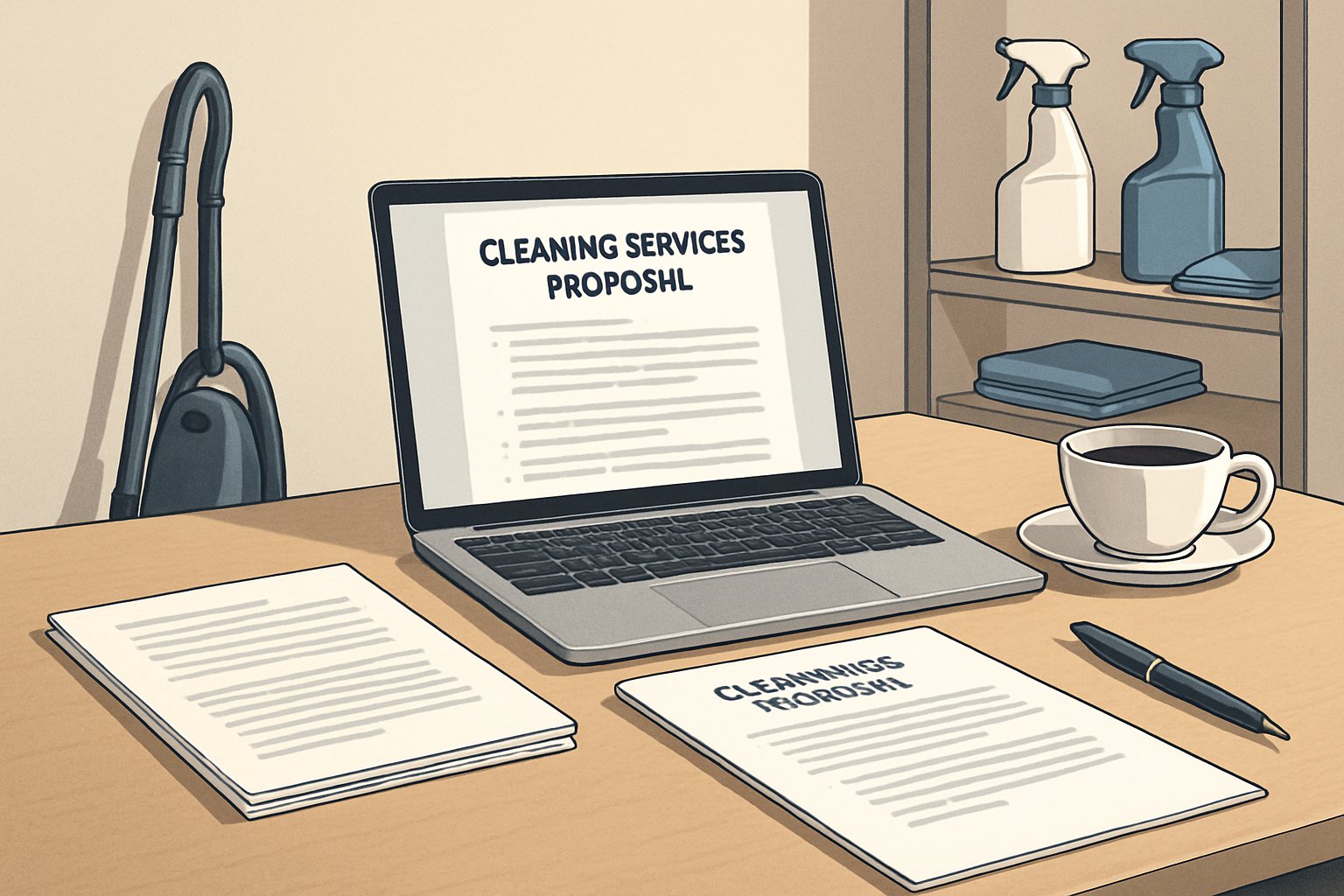 A tidy workspace with a laptop, papers, and cleaning supplies on shelves in the background.