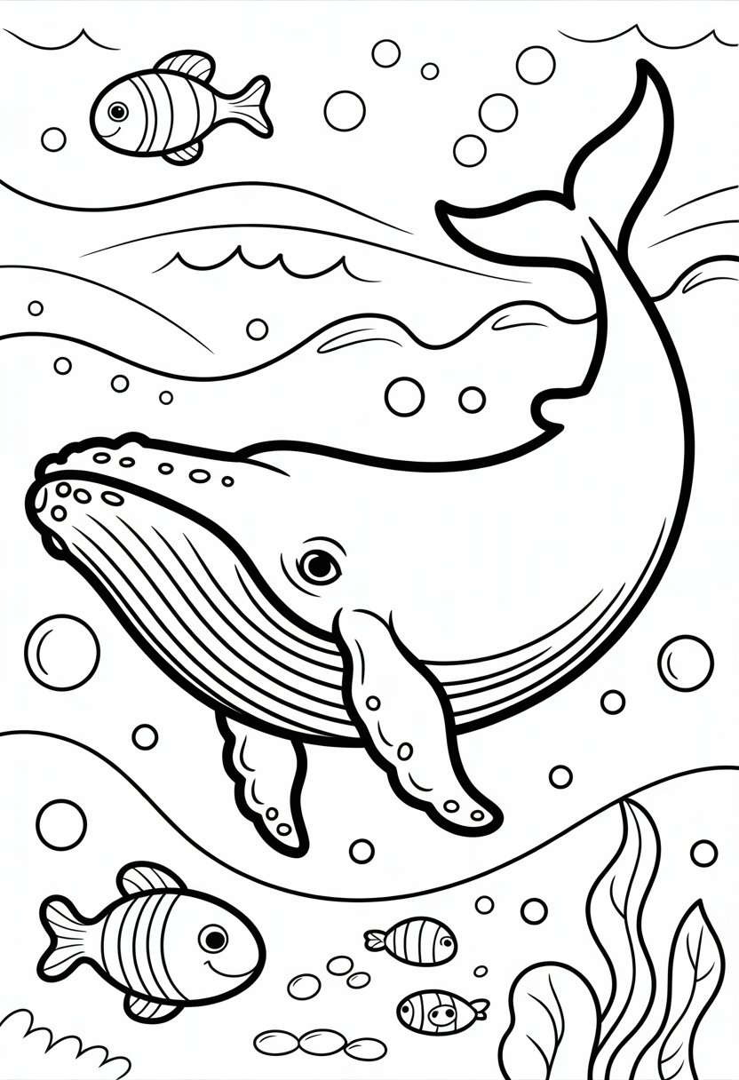 Whale Coloring Pages Top 10 Printable Designs for All Ages 3 A humpback whale swimming in the ocean surrounded by bubbles, fish, and sea plants.