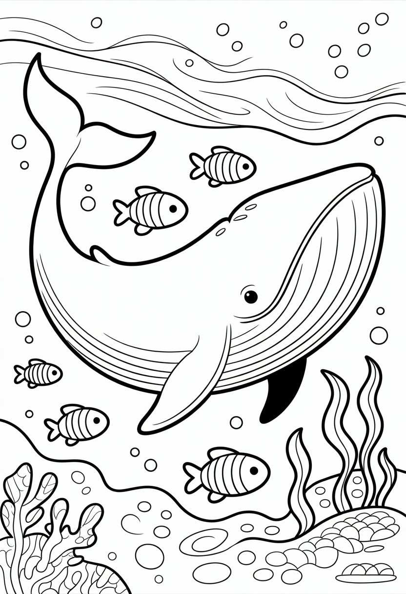 Whale Coloring Pages Top 10 Printable Designs for All Ages 4 A large blue whale swimming underwater surrounded by fish, bubbles, and seaweed.