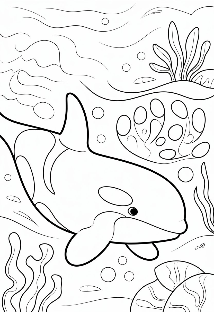 Whale Coloring Pages Top 10 Printable Designs for All Ages 5 An orca whale swimming underwater surrounded by bubbles and seaweed.