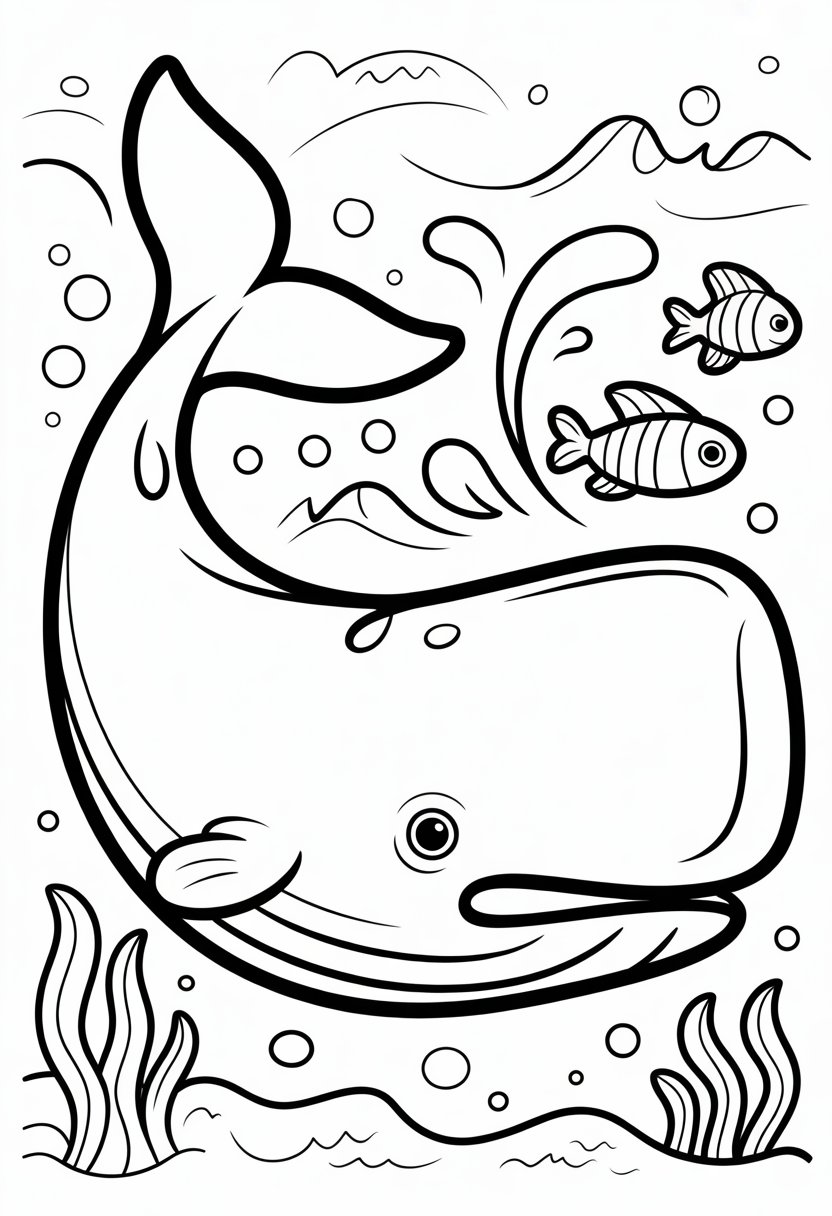 Whale Coloring Pages Top 10 Printable Designs for All Ages 6 A sperm whale swimming in the ocean surrounded by small fish and bubbles.