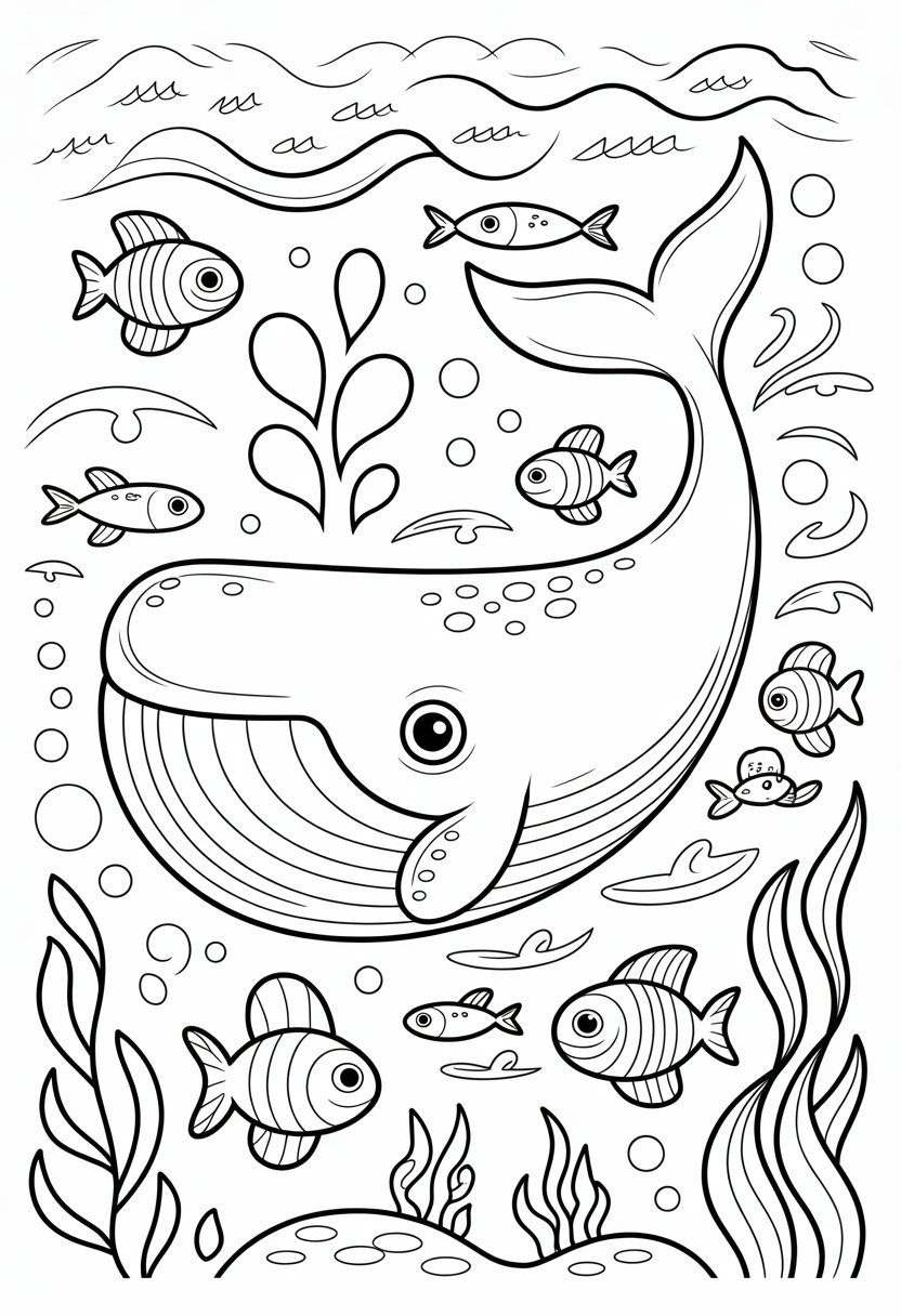 Whale Coloring Pages Top 10 Printable Designs for All Ages 7 A gray whale swimming in the ocean surrounded by waves, seaweed, small fish, and bubbles.