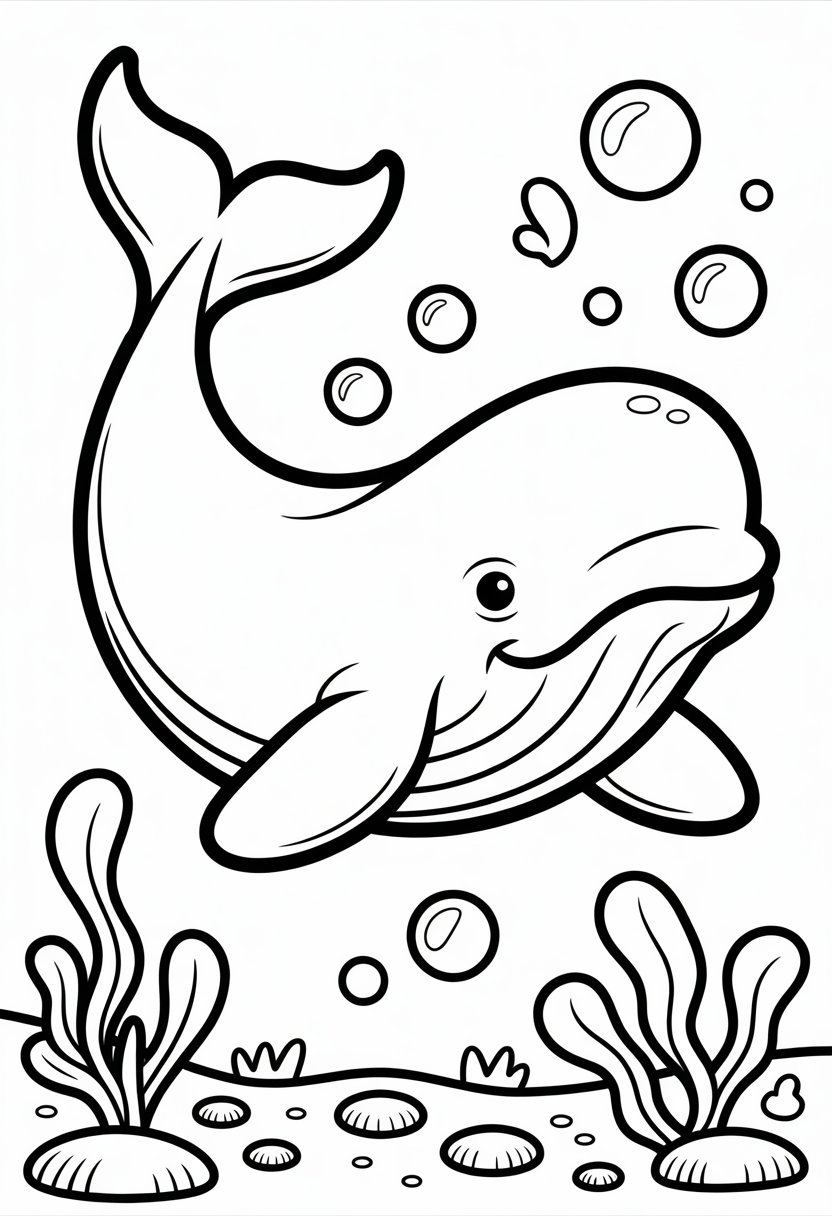 Whale Coloring Pages Top 10 Printable Designs for All Ages 8 A beluga whale swimming underwater surrounded by bubbles, seaweed, and rocks.