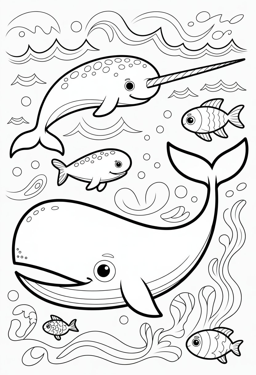 Whale Coloring Pages Top 10 Printable Designs for All Ages 10 A playful narwhal with a long tusk swimming alongside a large whale in the ocean surrounded by waves, bubbles, and small fish.