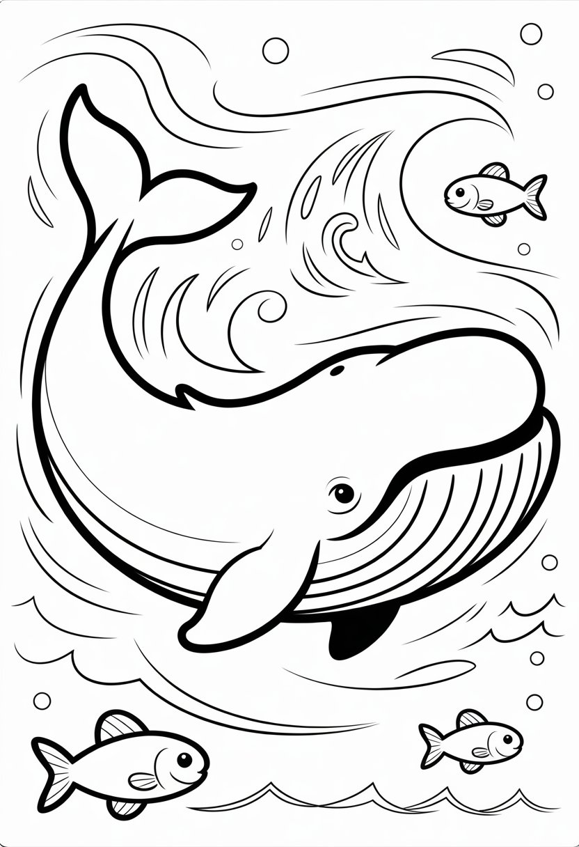 Whale Coloring Pages Top 10 Printable Designs for All Ages 11 A large right whale silhouette surrounded by bubbles and small fish in the ocean.