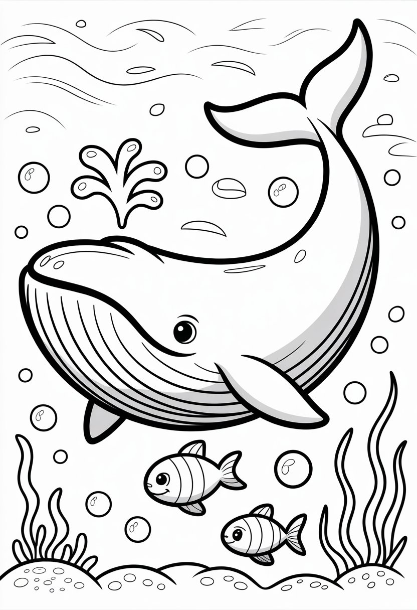 Whale Coloring Pages Top 10 Printable Designs for All Ages 12 A cartoon-style Minke whale swimming in the ocean surrounded by bubbles, small fish, and seaweed.