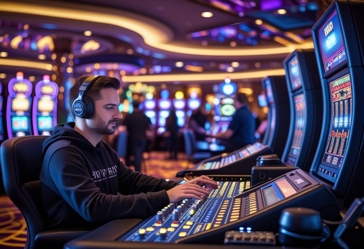 A sound engineer adjusting audio equipment in a casino