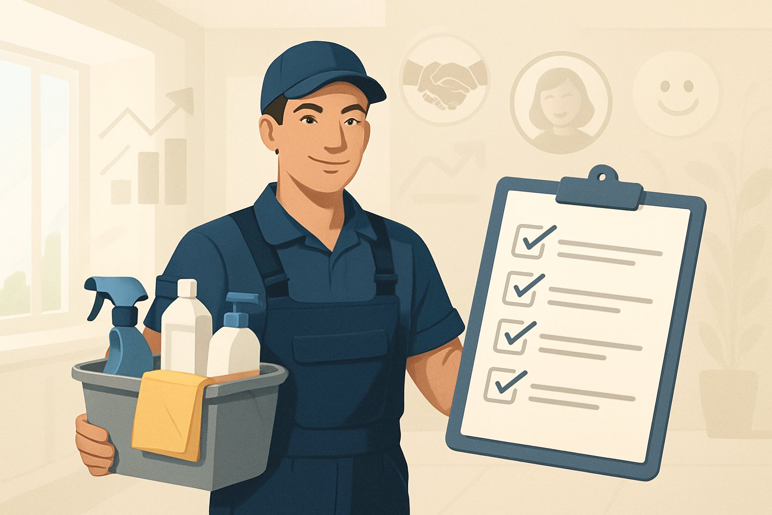 A cleaning service professional holding supplies and a clipboard with a checklist, surrounded by symbols of client growth and happy customers in a bright, clean interior.