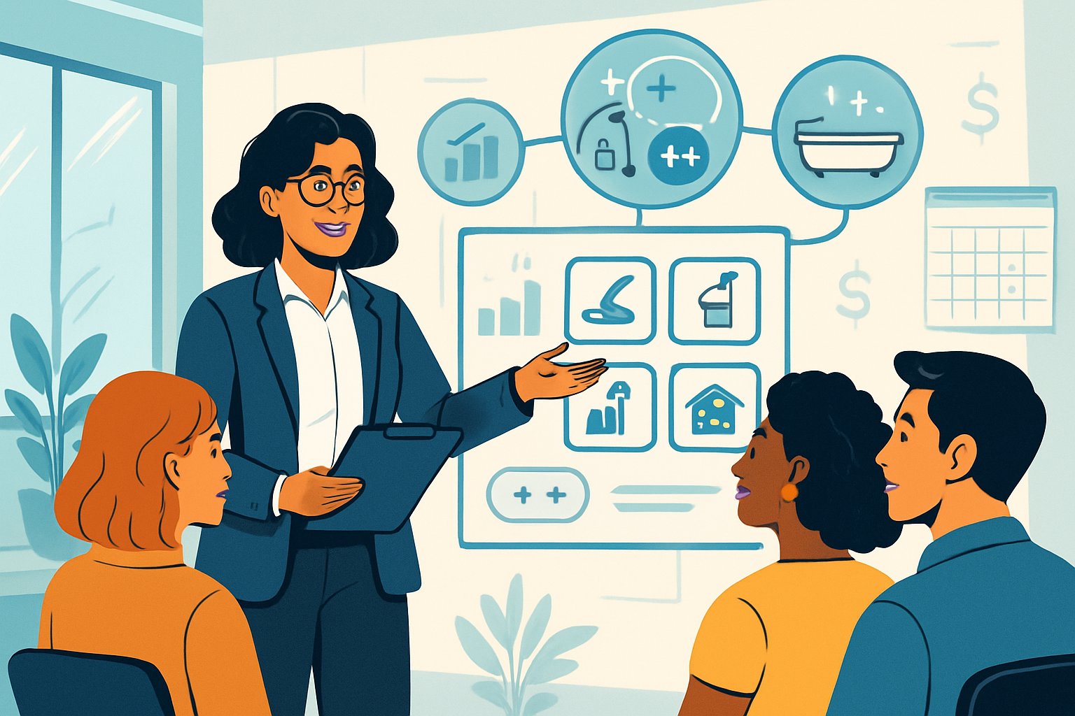 A business owner discussing different cleaning service options with customers in an office setting, highlighting ways to increase sales.