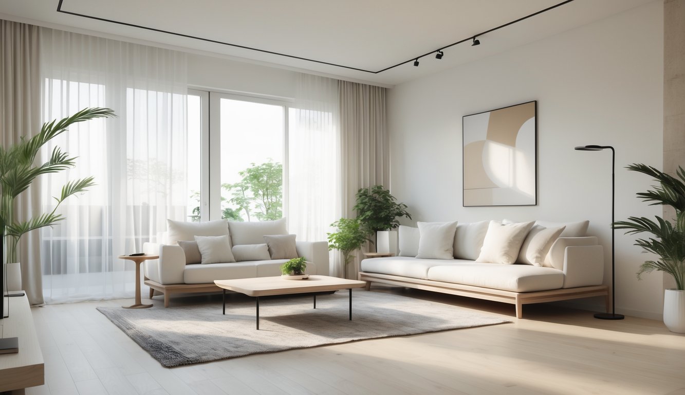 Ruang tamu dengan sofa, meja kopi, lampu lantai, tanaman hijau, dan jendela besar yang menerangi ruangan.