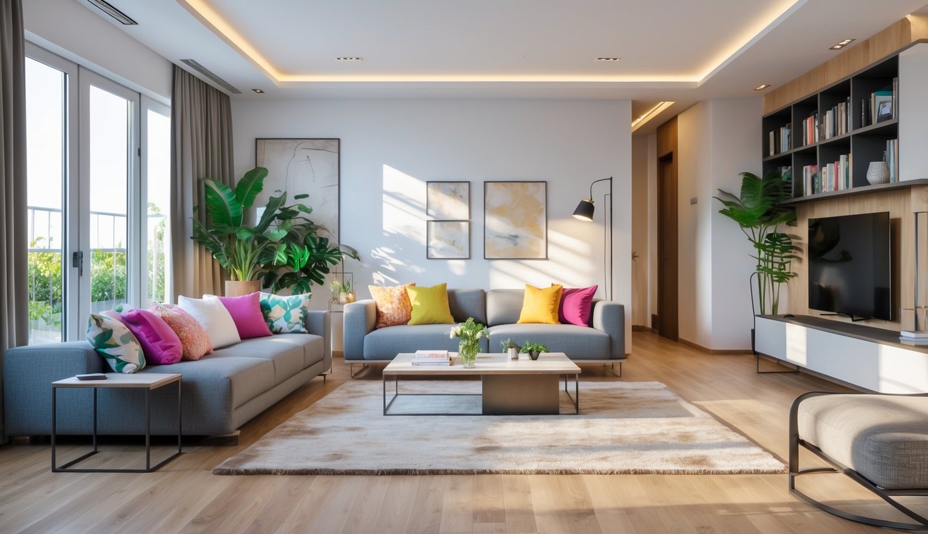 Ruang tamu dengan sofa, meja kopi, rak buku, tanaman hias, dan pencahayaan alami.