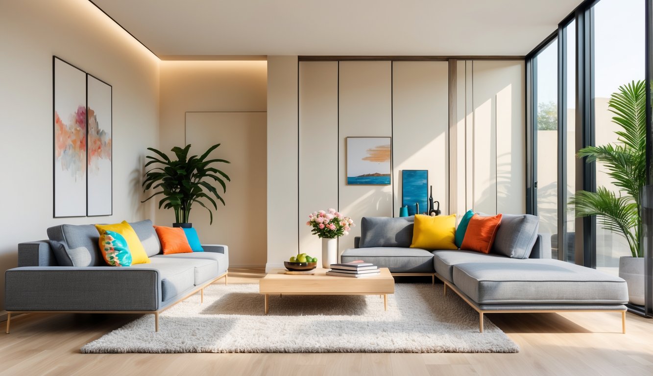 Ruang tamu modern dengan sofa abu-abu, meja kopi kayu, jendela besar, tanaman dalam ruangan, dan pencahayaan alami.