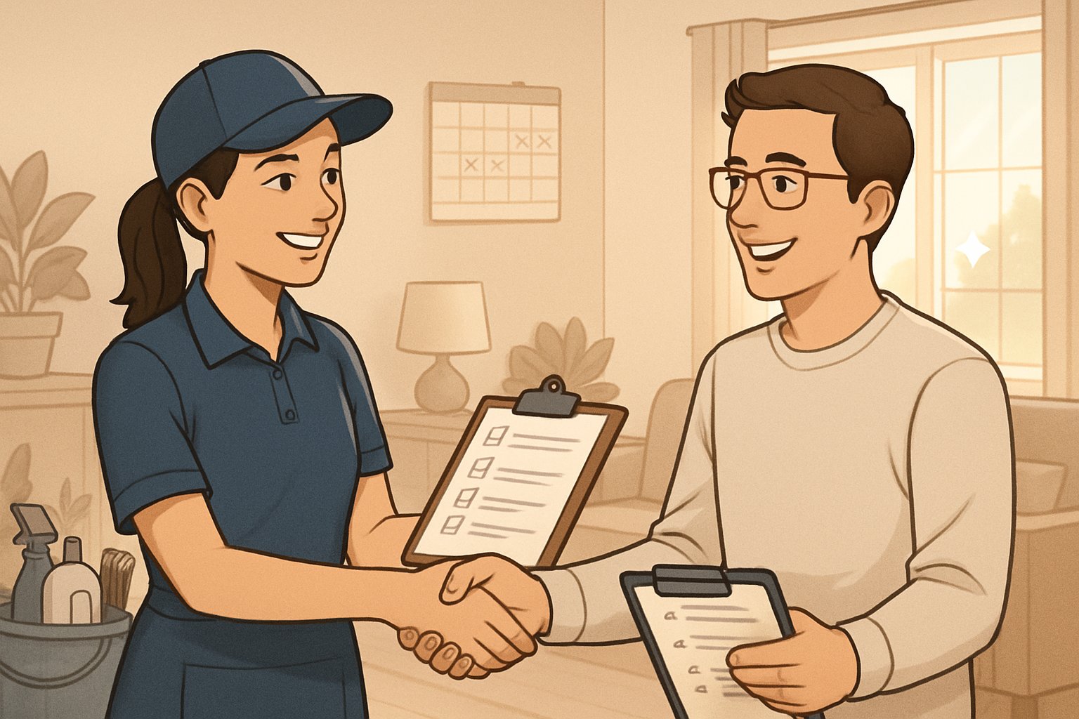 A cleaning professional and a client shaking hands in a clean, bright living room, showing a positive service interaction.