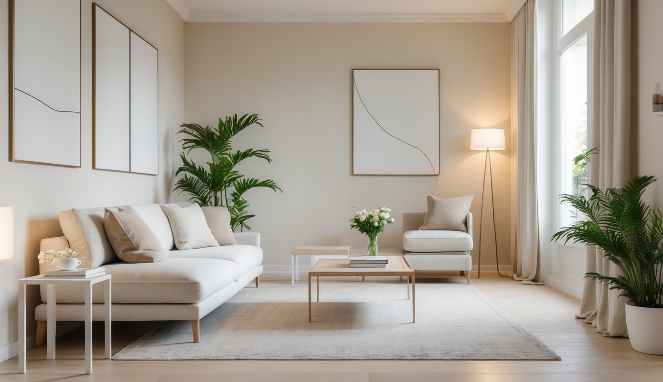 Ruang tamu dengan sofa, meja kopi, lampu lantai, tanaman hias, dan jendela besar yang menerangi ruangan.