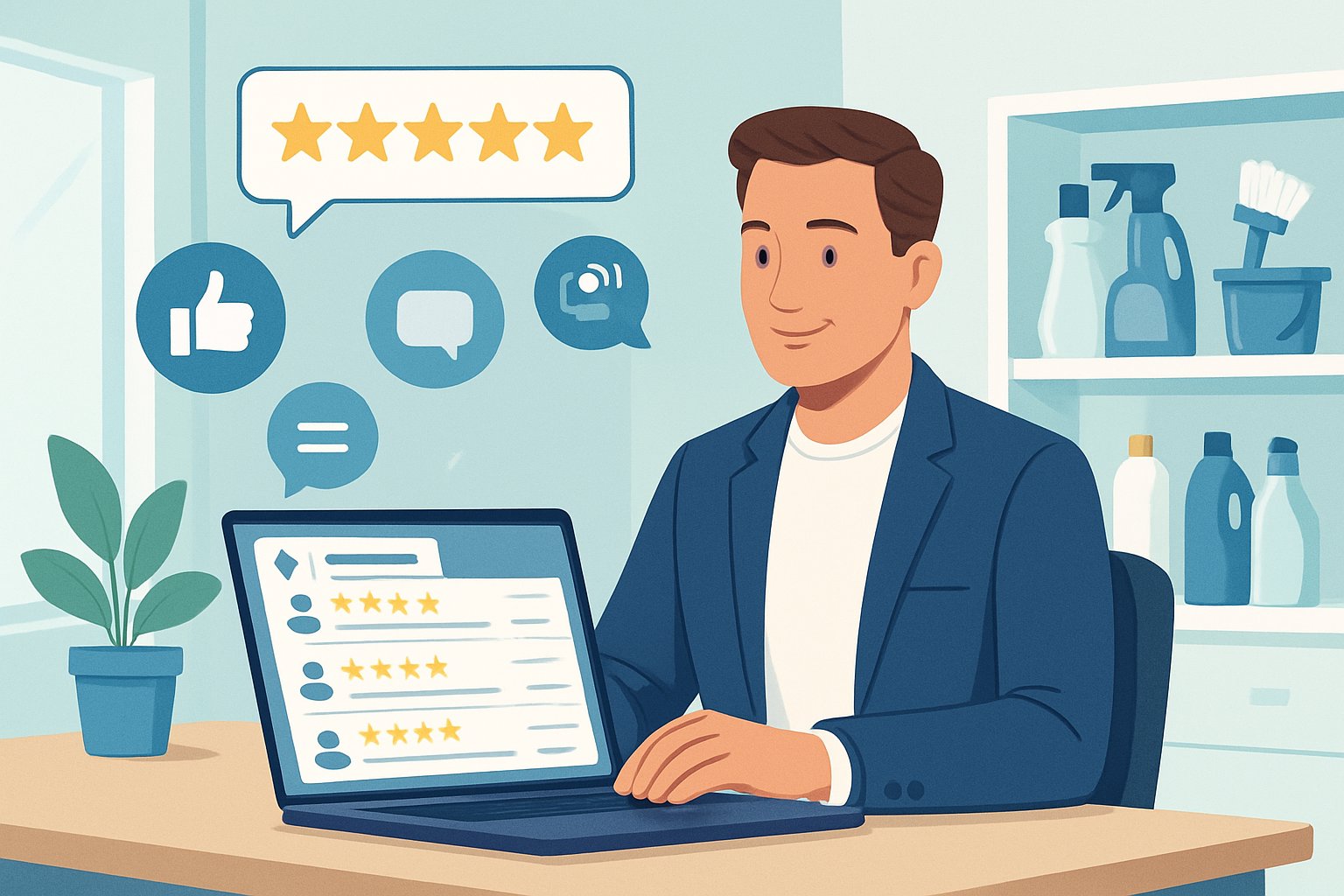 A cleaning service owner at a desk reviewing customer feedback and ratings on a laptop with icons of stars and speech bubbles floating around.