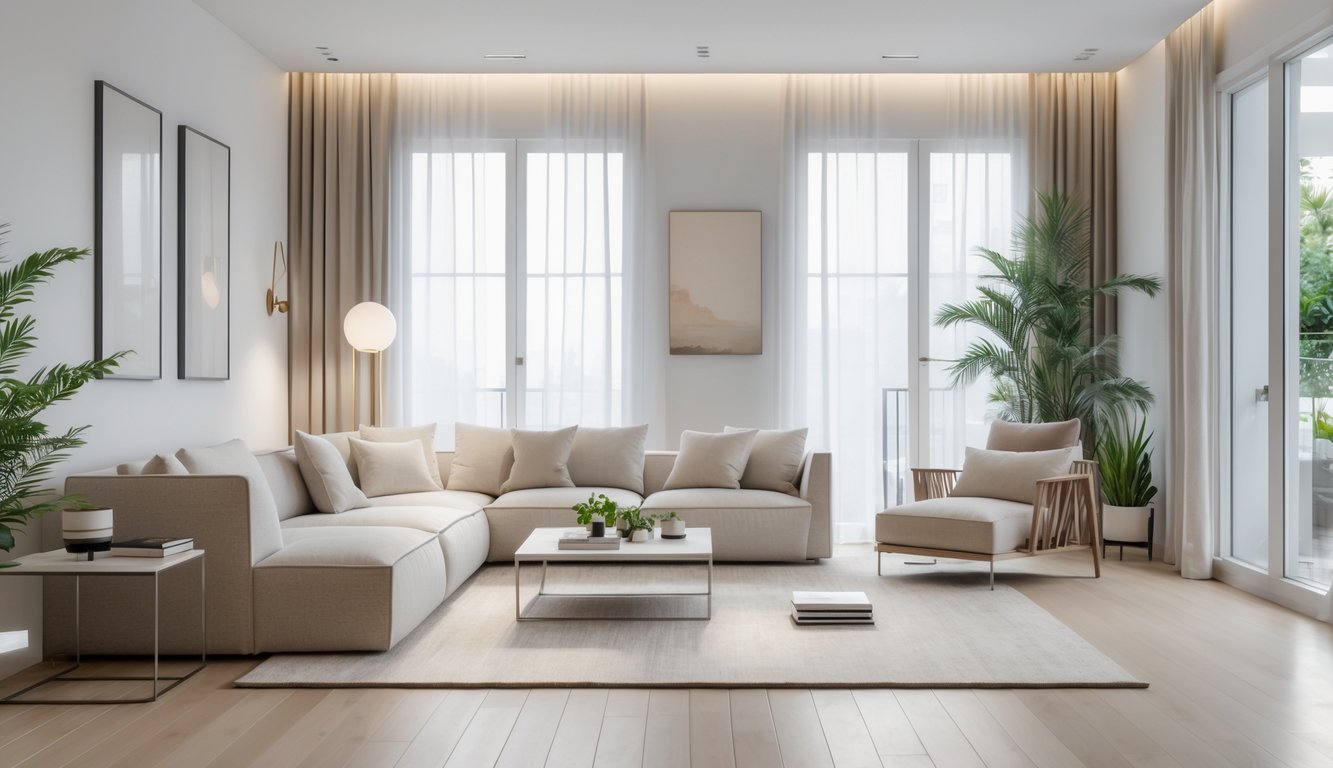 Ruang tamu dengan sofa besar, meja kopi, tanaman hias, dan jendela besar yang menerangi ruangan.