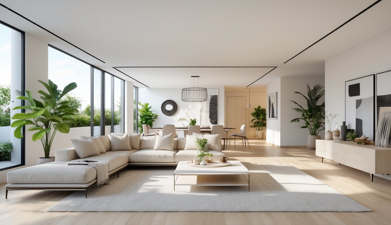 Ruang tamu terbuka yang luas dengan sofa, meja kopi, tanaman dalam ruangan, dan area makan di latar belakang.