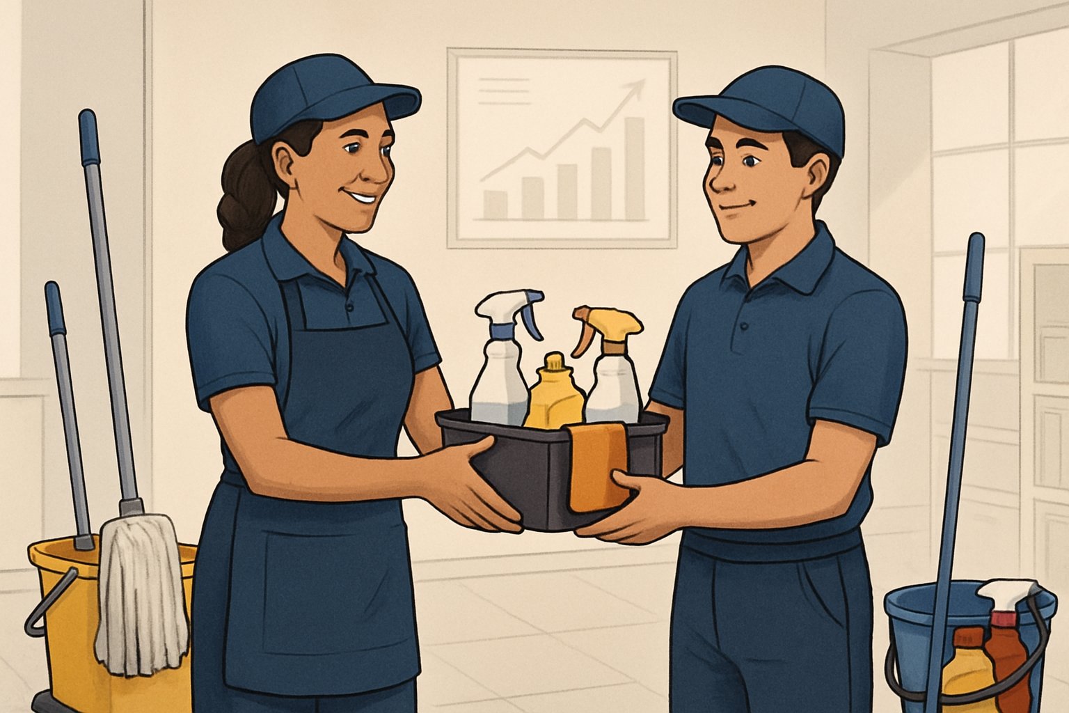 Two cleaners in uniforms exchanging cleaning supplies in a clean, organized workspace with charts on the wall.