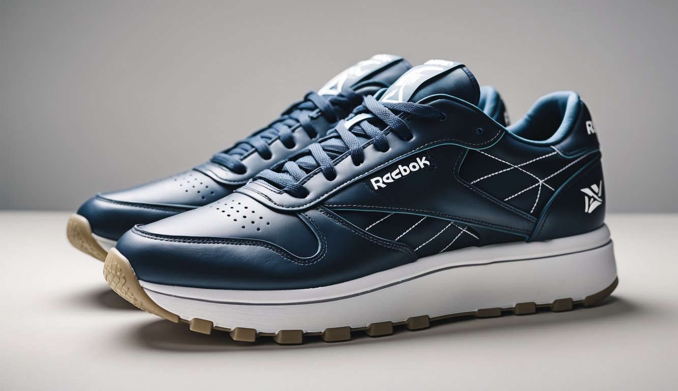 Sepasang sepatu sneaker pria merek Reebok ditampilkan di latar belakang netral.