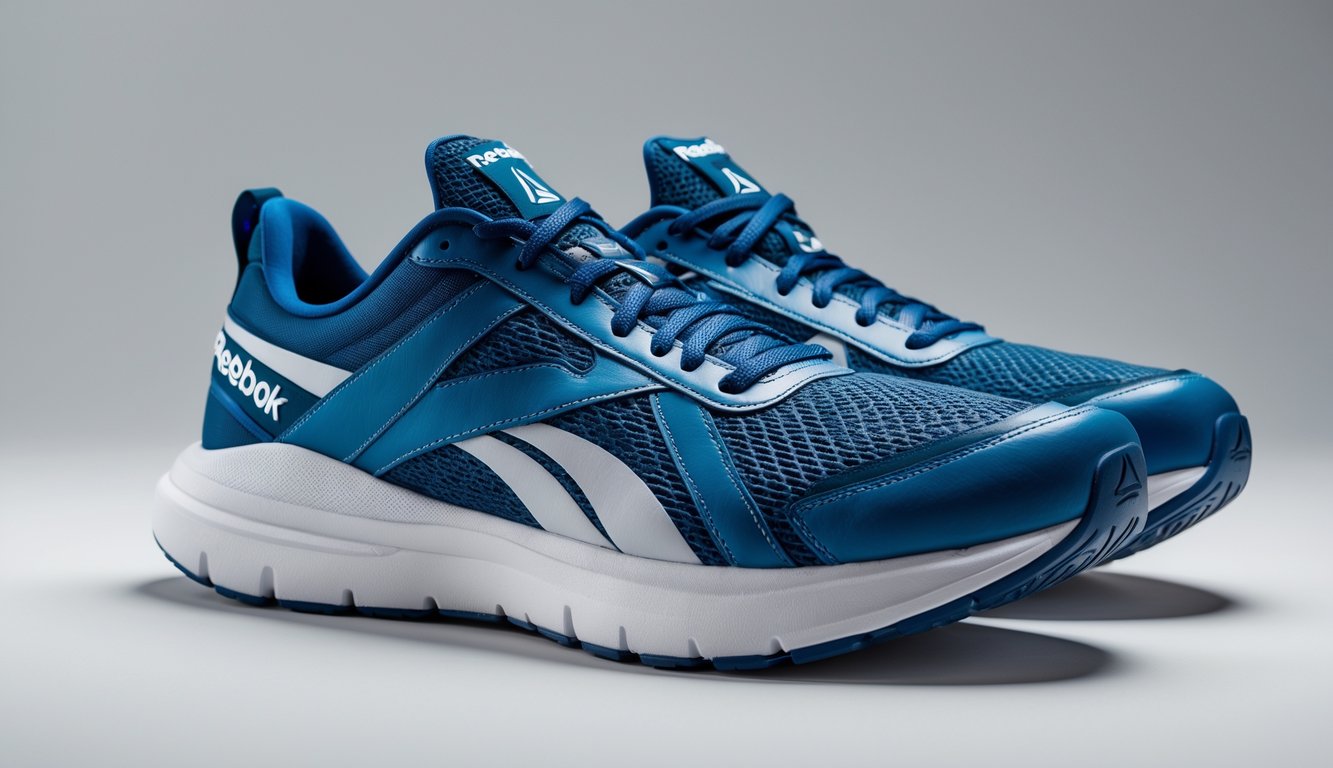 Sepasang sepatu lari Reebok diletakkan berdampingan di latar belakang polos.