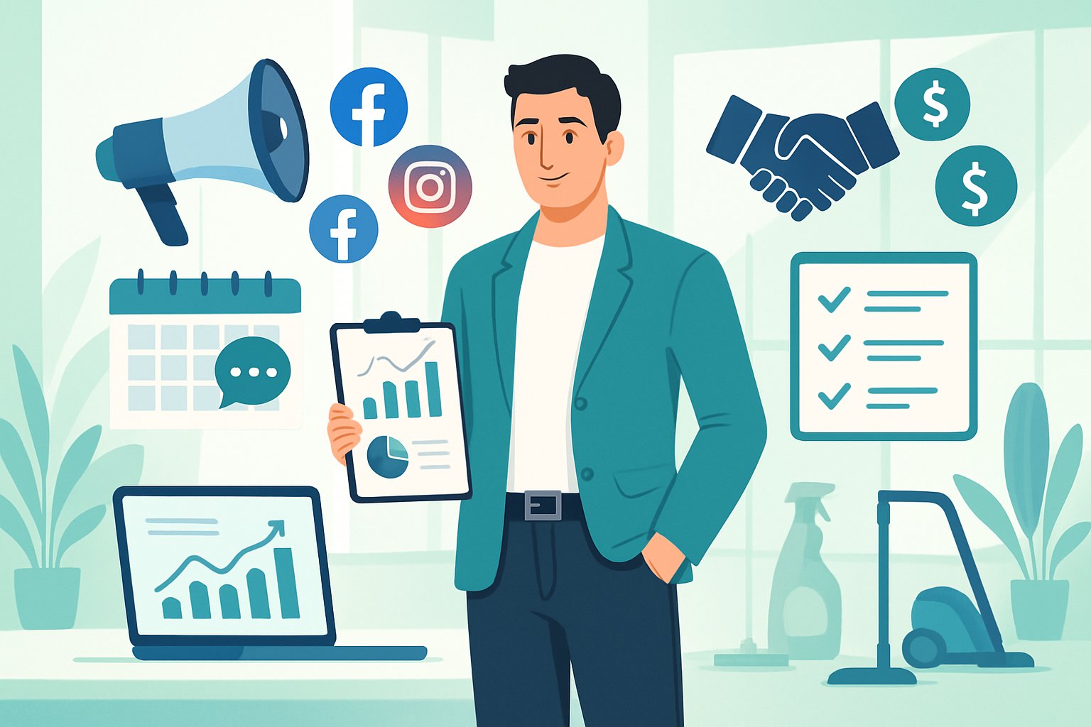 A businessperson holding a clipboard with charts, surrounded by icons representing marketing strategies, with cleaning tools in the background.