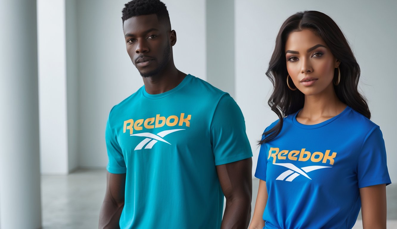 Dua model mengenakan kaos Reebok terbaru berpose di studio dengan latar belakang bersih.