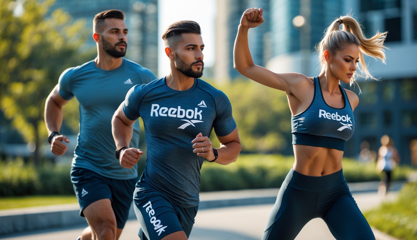 Seorang pria dan wanita berolahraga di taman kota mengenakan pakaian latihan Reebok, pria sedang berlari dan wanita sedang melakukan peregangan.