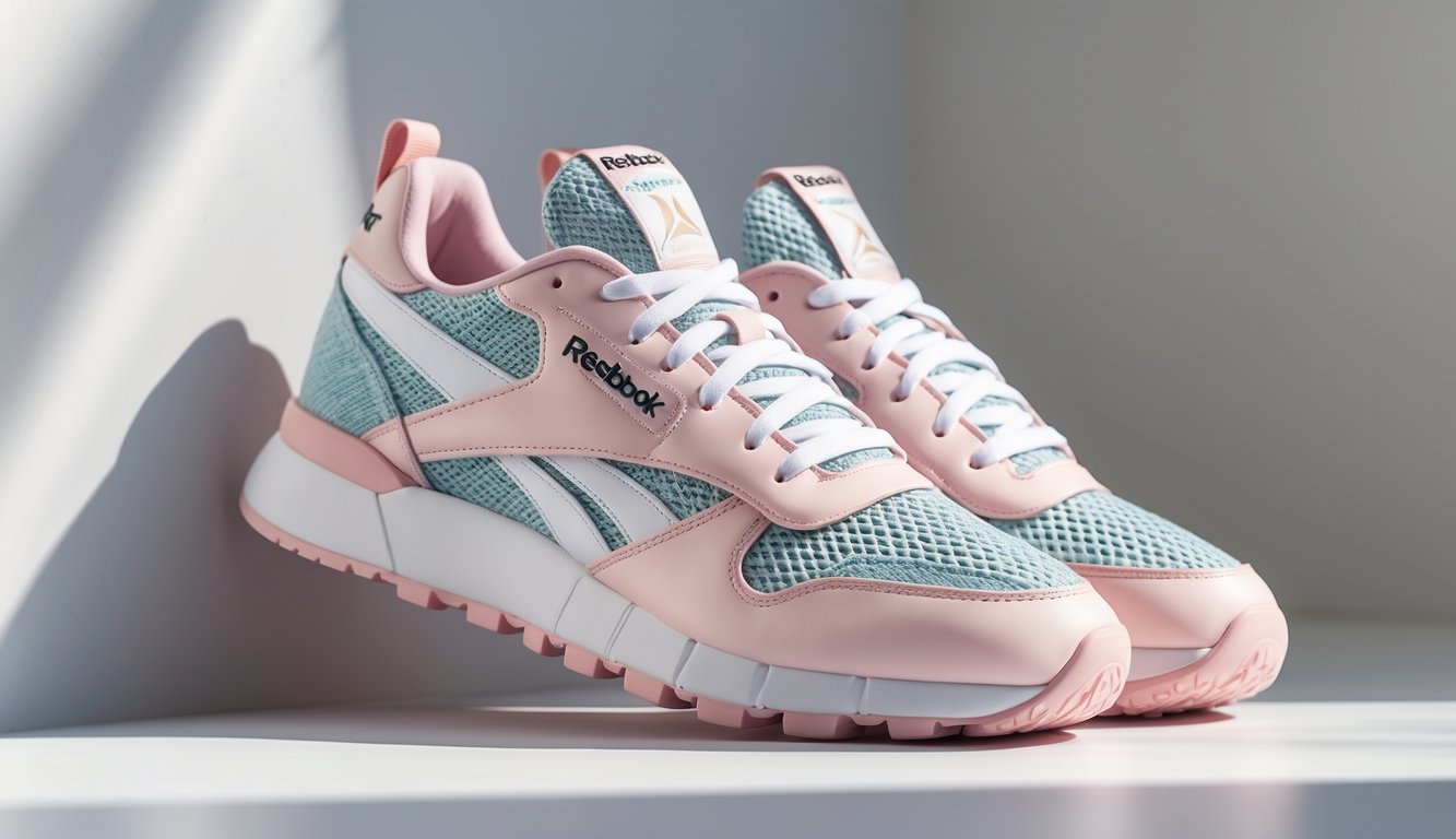 Sepasang sepatu wanita merek Reebok berwarna pastel dengan latar belakang polos.