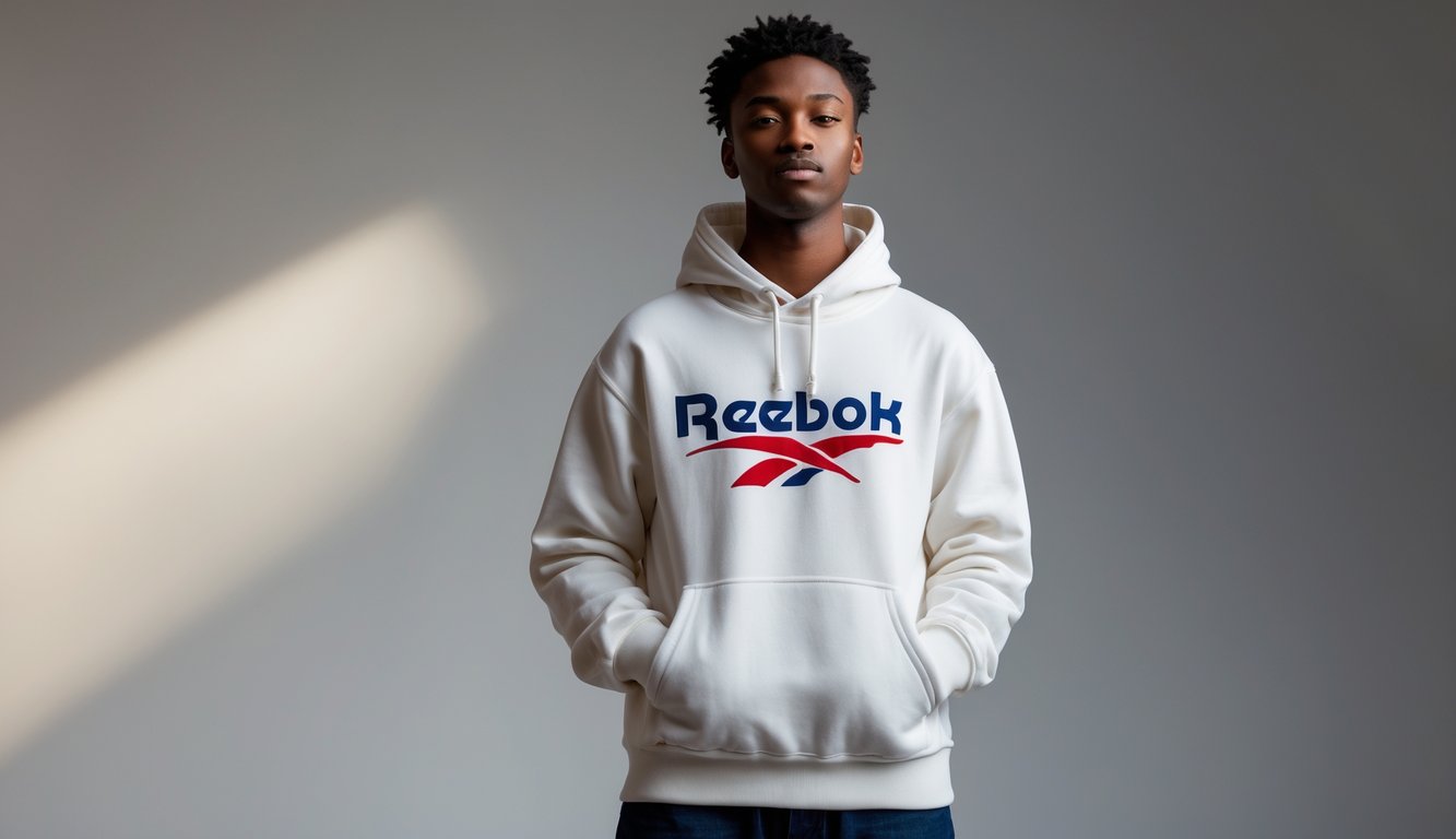 Seseorang mengenakan hoodie Reebok Original dengan latar belakang netral.