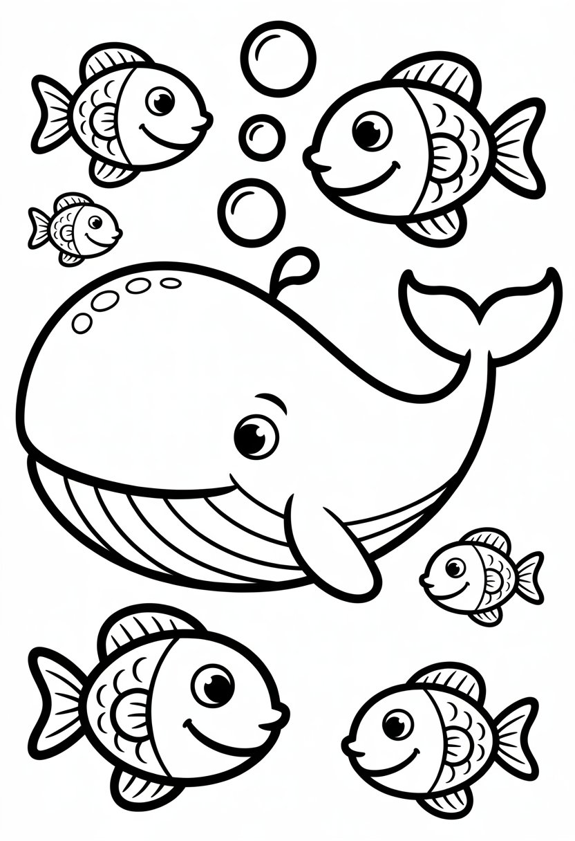 Whale Coloring Pages For Kids | 11 Fun and Educational Designs 10 A joyful whale swimming with several small fish and bubbles underwater.