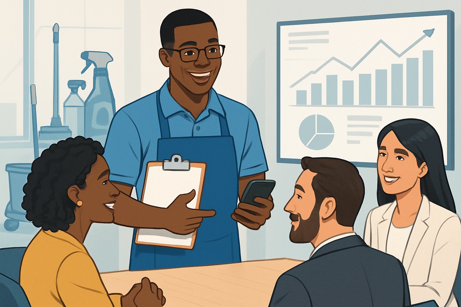 A cleaning service owner talking with clients around a table in an office, with cleaning equipment and charts in the background.