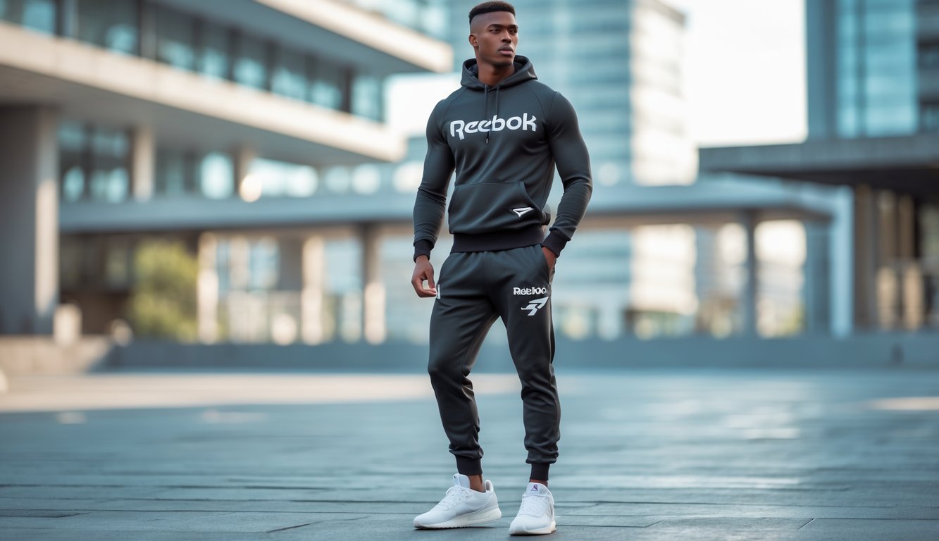 Seorang model muda mengenakan pakaian Reebok berdiri di luar ruangan dengan latar belakang arsitektur modern.