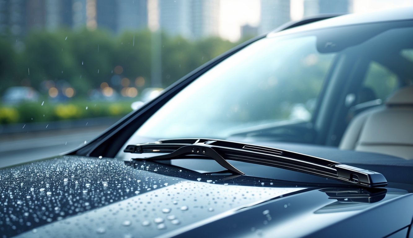 Wiper mobil terbaru sedang membersihkan kaca depan mobil saat hujan ringan di latar belakang kota.