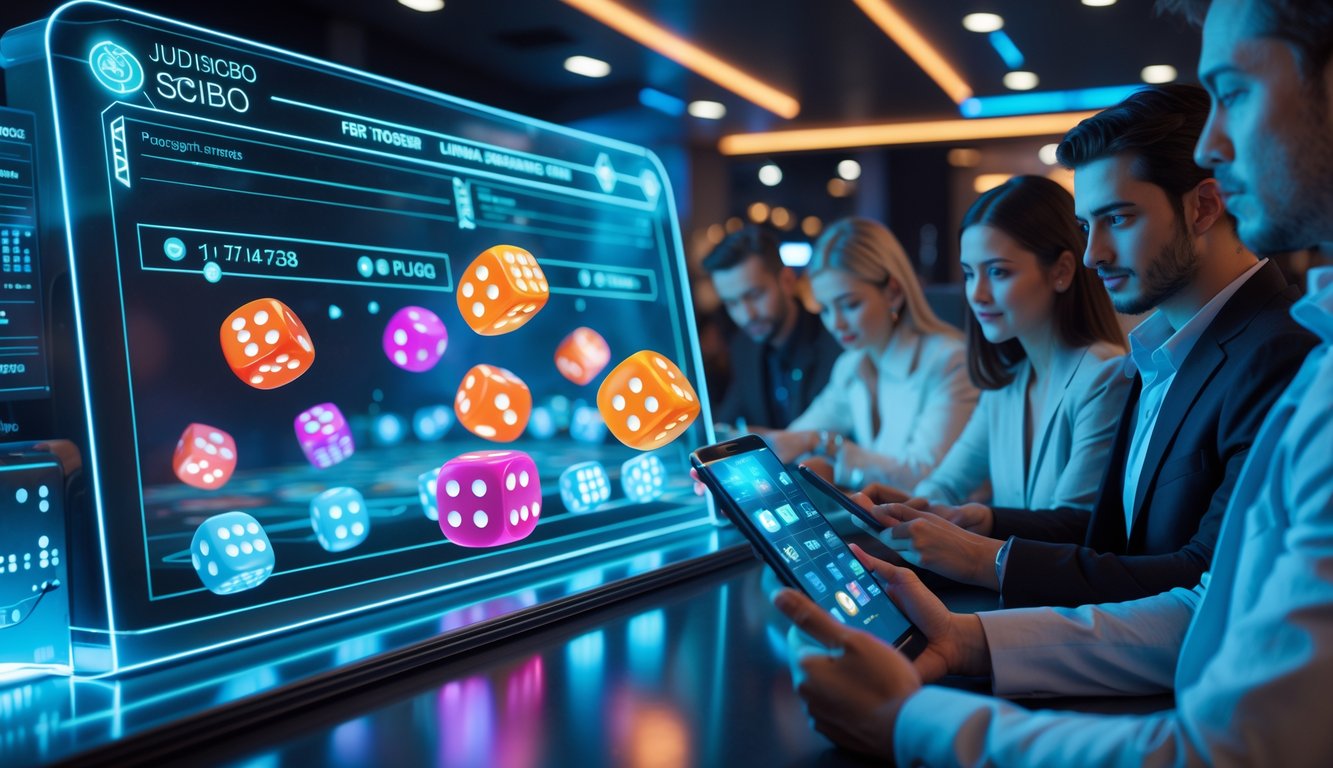 Beberapa orang sedang bermain permainan dadu Sicbo secara online menggunakan perangkat digital di sebuah ruangan modern.