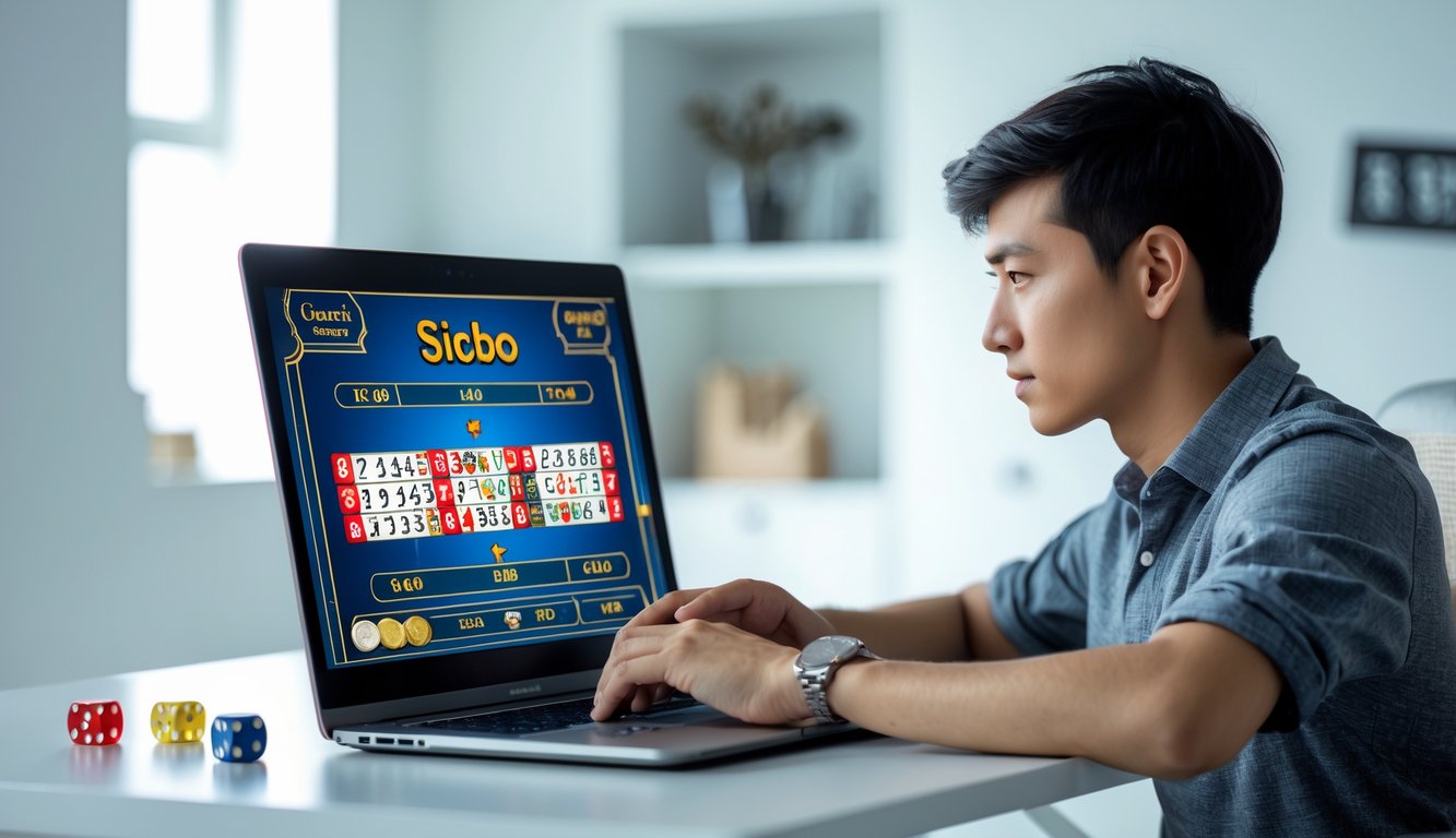 Seorang dewasa muda duduk di meja dengan laptop, fokus bermain permainan Sicbo virtual di ruangan yang terang dan rapi.